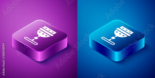 Isometric Medieval goblet icon isolated on blue and purple background. Square button. Vector.