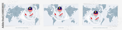 Three versions of the World Map with the enlarged map of Malaysia with flag.
