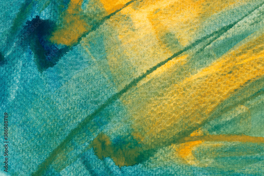 Blue and yellow abstract watercolor background. Multicolor watercolour gradient with green tint, hand painted grain texture. The color splashing on paper. Modern expressionist painting. 