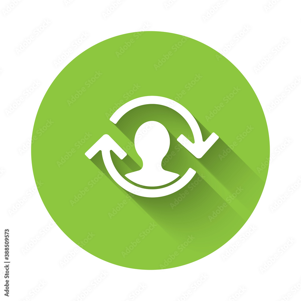 White Human resources icon isolated with long shadow. Concept of human resources management, professional staff research, head hunter job. Green circle button. Vector. White Human resources icon isolated with long shadow. Concept of human resources management, professional staff research, head hunter job. Green circle button. Vector.