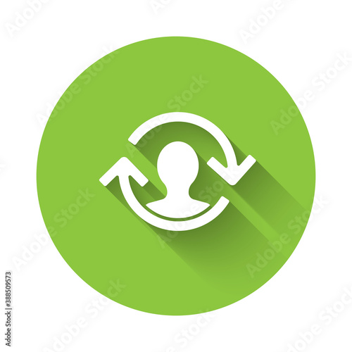 White Human resources icon isolated with long shadow. Concept of human resources management, professional staff research, head hunter job. Green circle button. Vector.