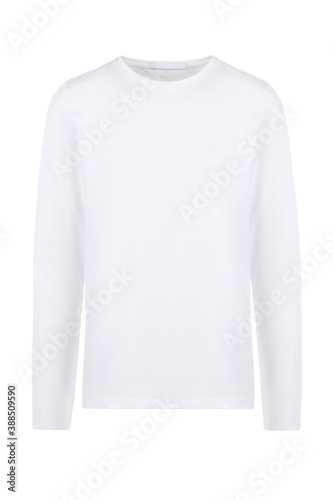 White men's T-shirt with sleeves. Front view