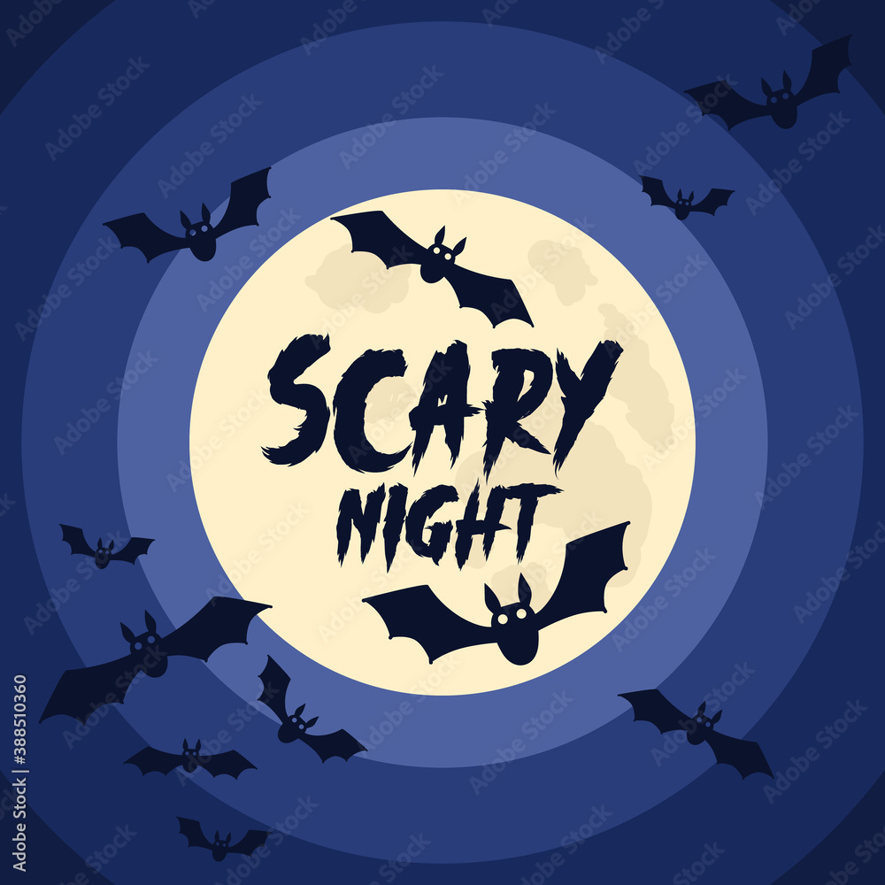 Happy Halloween background with Halloween elements, moon, bats and place for text. Halloween party poster. Vector