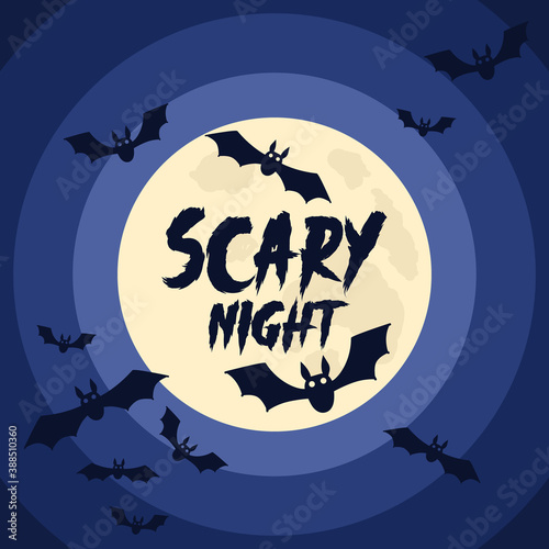 Happy Halloween background with Halloween elements, moon, bats and place for text. Halloween party poster. Vector