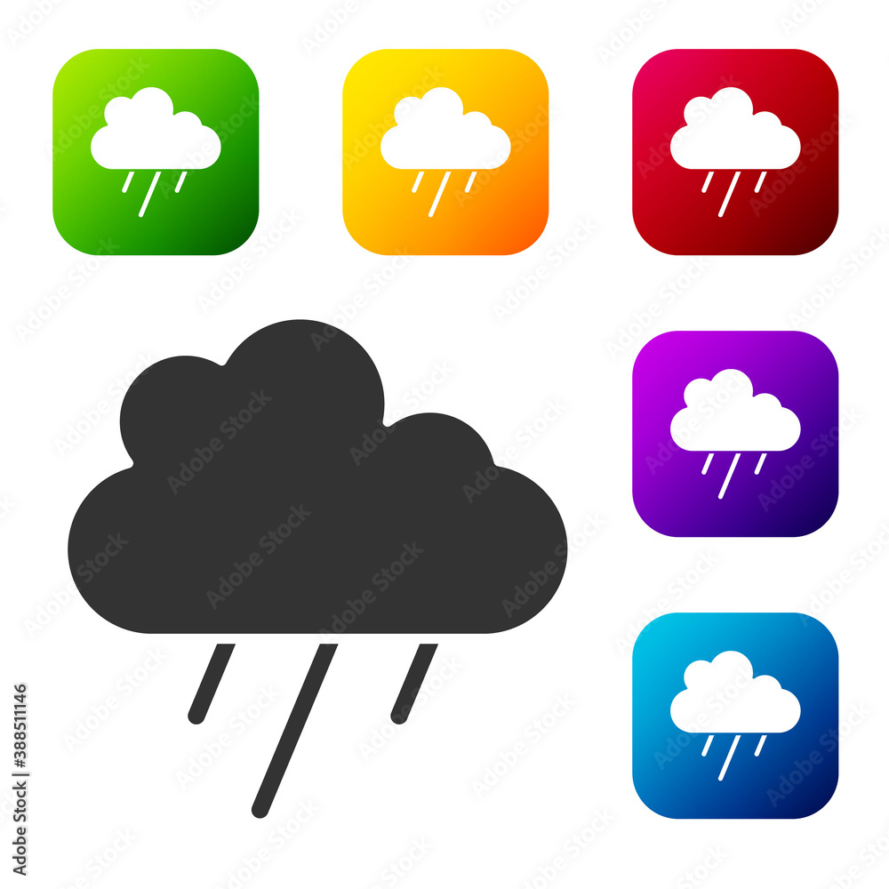 Black Cloud with rain icon isolated on white background. Rain cloud precipitation with rain drops. Set icons in color square buttons. Vector.
