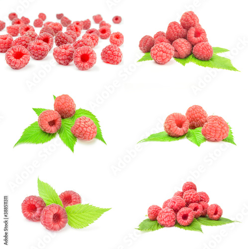 Collection of raspberry with leaf on a isolated white background