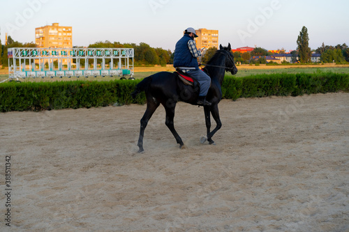 Man riding a horse at the racetrack