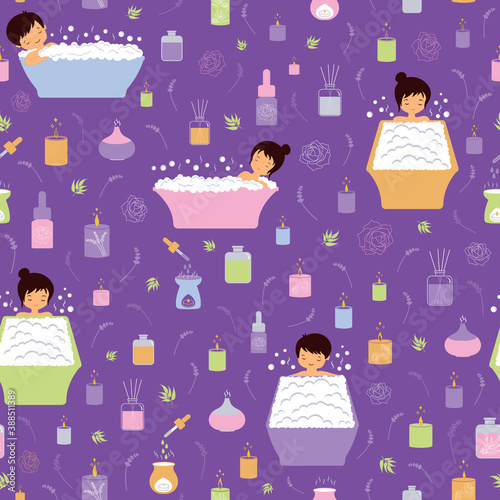 Seamless Vector Pattern on the Theme of Aromatherapy Bubble Bath. A Beautiful illustration of calm and relaxed mood. Purple Background with essential oil lamps, scent diffusers, and aromatic candles
