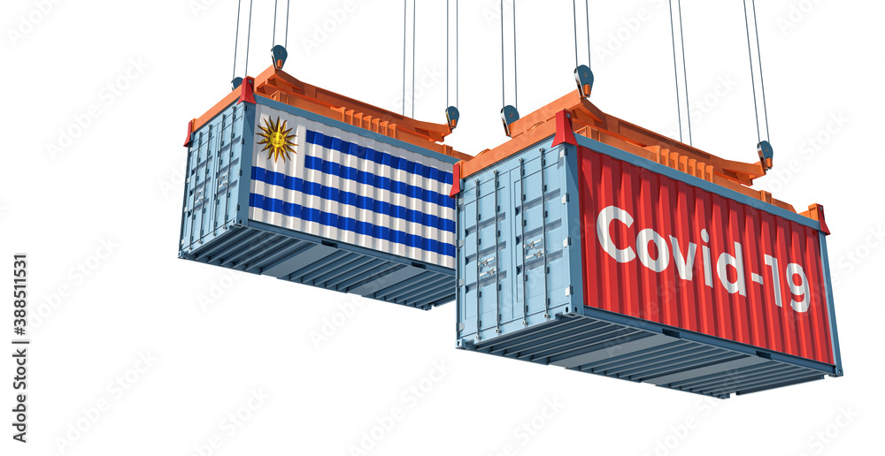 Container with Coronavirus Covid-19 text on the side and container with Uruguay Flag. 3D Rendering 