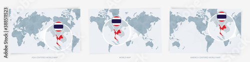 Three versions of the World Map with the enlarged map of Thailand with flag.