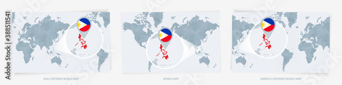 Three versions of the World Map with the enlarged map of Philippines with flag.