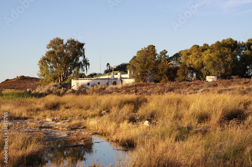 Canvas Print farmhouse next to river in the karoo