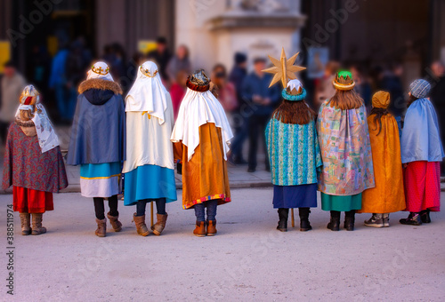 Traditional visit of the Sternsinger to Epiphany in Salzburg, Austria.