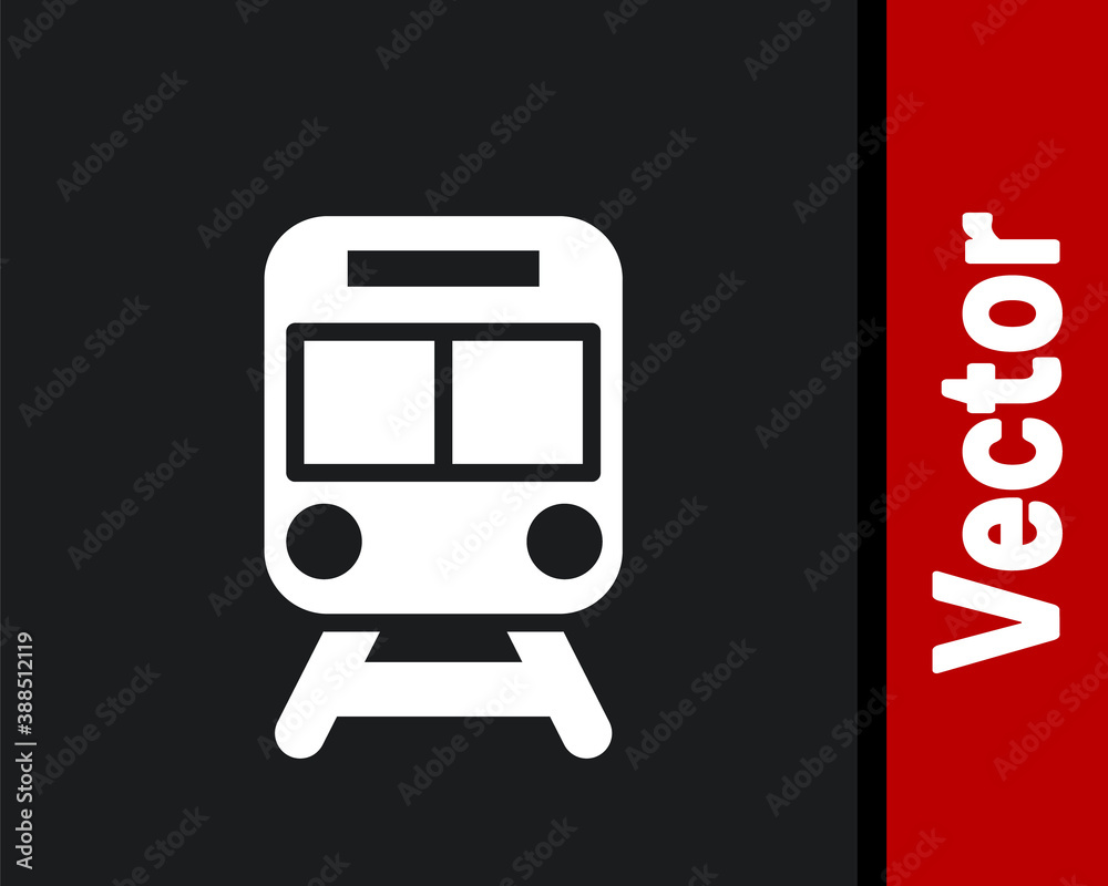 White Train and railway icon isolated on black background. Public transportation symbol. Subway train transport. Metro underground. Vector. White Train and railway icon isolated on black background. Public transportation symbol. Subway train transport. Metro underground. Vector.