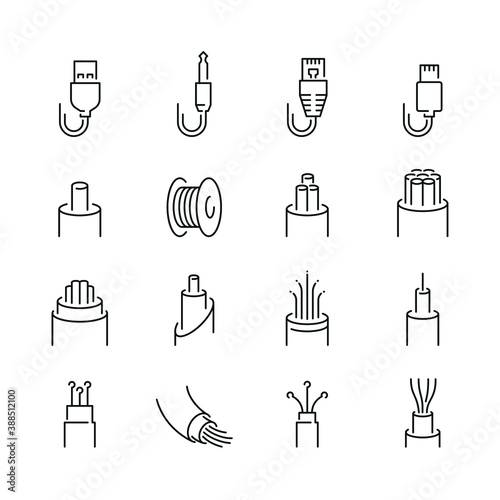 Optical fiber related icons: thin vector icon set, black and white kit