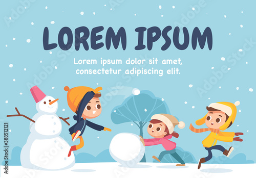 Children building snowman together and having snowball fight in forest during snowfall. Kids jumping, running and throwing a snowball. Kids making a snowballs.