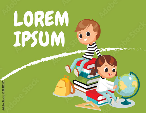 Back to school. Kids boy sitting on piles of books. Little girl looking at the globe. Scholar freshman sophomore having rest after doing study learning.