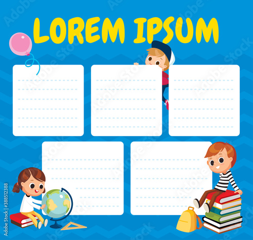 School time table template with picture of male and female pupils characters on background. Children fooling around, having fun in fine good mood, play around, hang around. Childhood, friends.