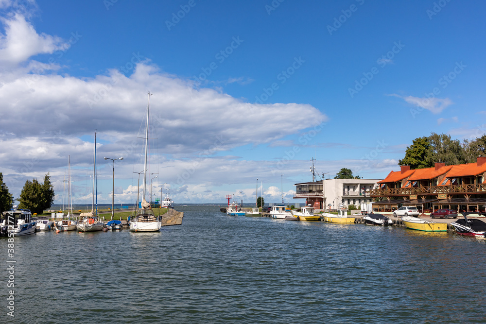 Marina and harbor for fishing boats in Frombrok on Vistula Lagoon. Poland.