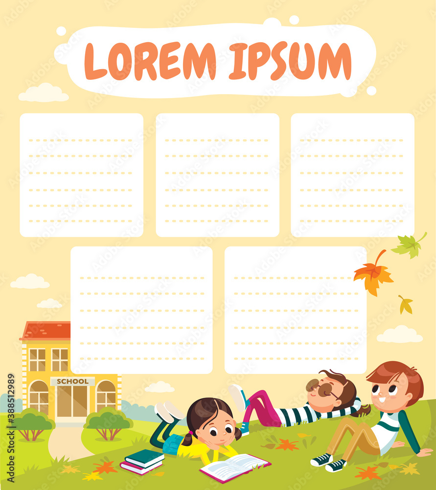 School time table template. Picture of pupils on school court yard on outdoor break. Children having rest. Autumn, fall, childhood, friends. Laying on grass. School time table template. Picture of pupils on school court yard on outdoor break. Children having rest. Autumn, fall, childhood, friends. Laying on grass.