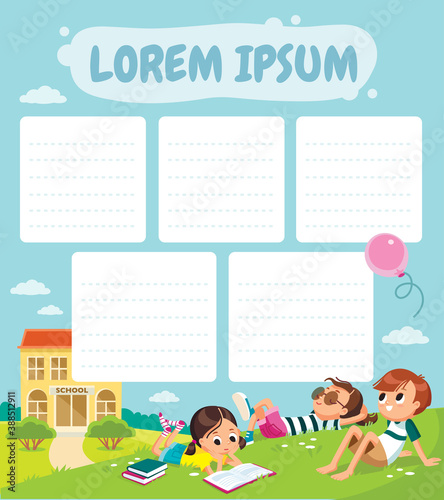 School time table template. Picture of pupils on school court yard on outdoor break. Children having rest. Autumn, fall, childhood, friends. Laying on grass.