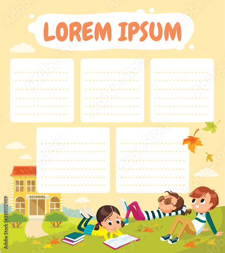 School time table template. Picture of pupils on school court yard on outdoor break. Children having rest. Autumn, fall, childhood, friends. Laying on grass.