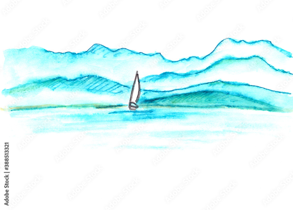 Fototapeta premium sailing yacht on a mountainous seashore background, graphic black-white linear drawing on a white background, copy space