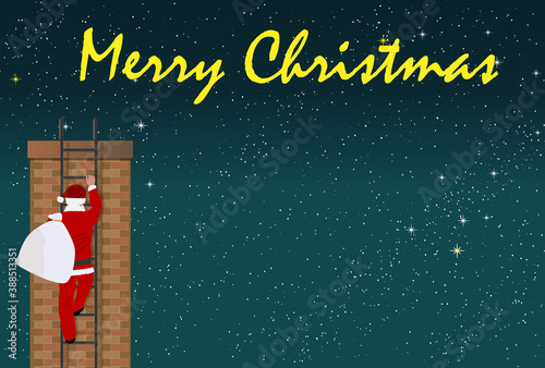 Santa Claus climbing up the chimney ladder. brick, starry sky, Merry Christmas, Christmas eve, Xmas, gift, present, vector illustration, graphic, red, dark blue, white, yellow, copy space,
