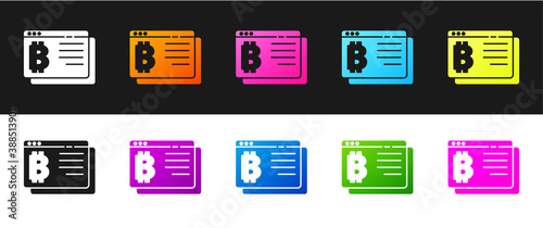 Set Cryptocurrency coin Bitcoin icon isolated on black and white background. Physical bit coin. Blockchain based secure crypto currency. Vector.