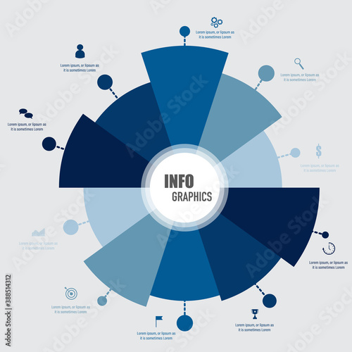 Modern blue infographics design in 10 steps of pie chart with business icons and text box, presentation and web template