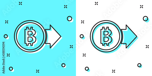 Black line Cryptocurrency coin Bitcoin icon isolated on green and white background. Physical bit coin. Blockchain based secure crypto currency. Random dynamic shapes. Vector.
