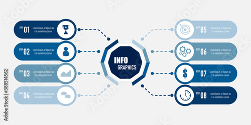Modern blue infographics design with 8 options, business icons and text box, presentation and web template