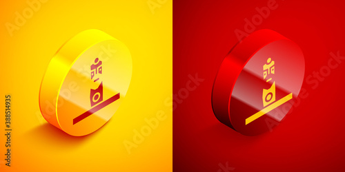 Isometric Slavic pagan idol icon isolated on orange and red background. Antique ritual wooden idol. Circle button. Vector.