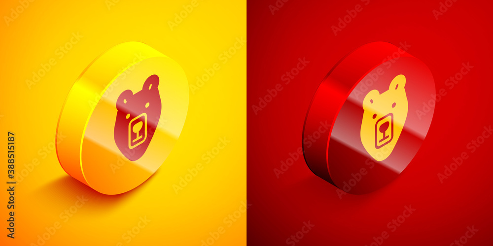 Isometric Bear head icon isolated on orange and red background. Circle button. Vector. Isometric Bear head icon isolated on orange and red background. Circle button. Vector.