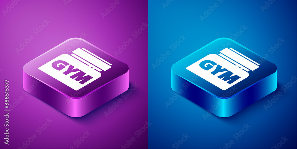 Isometric Sports nutrition bodybuilding proteine power drink and food icon isolated on blue and purple background. Square button. Vector. Isometric Sports nutrition bodybuilding proteine power drink and food icon isolated on blue and purple background. Square button. Vector.
