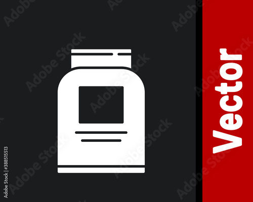 White Sports nutrition bodybuilding proteine power drink and food icon isolated on black background. Vector.