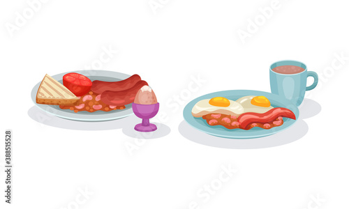 Sausages and Scrambled Eggs Served on Plate Vector Set