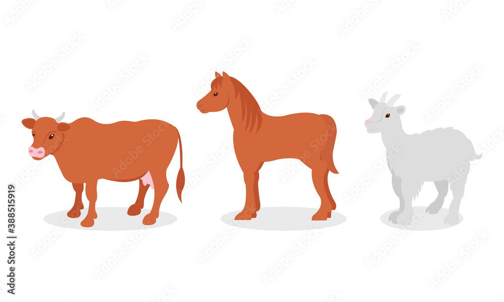 Horse with Mane and Horned Cow as Farm Animal Vector Set