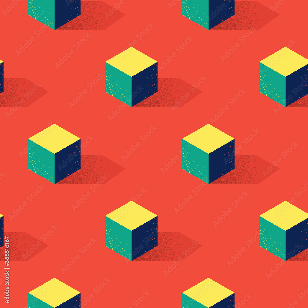 Obraz premium Seamless pattern with cube or box shape on red background in modern dotted texture style