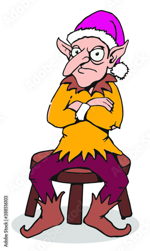 Grumpy cartoon elf sitting on stool