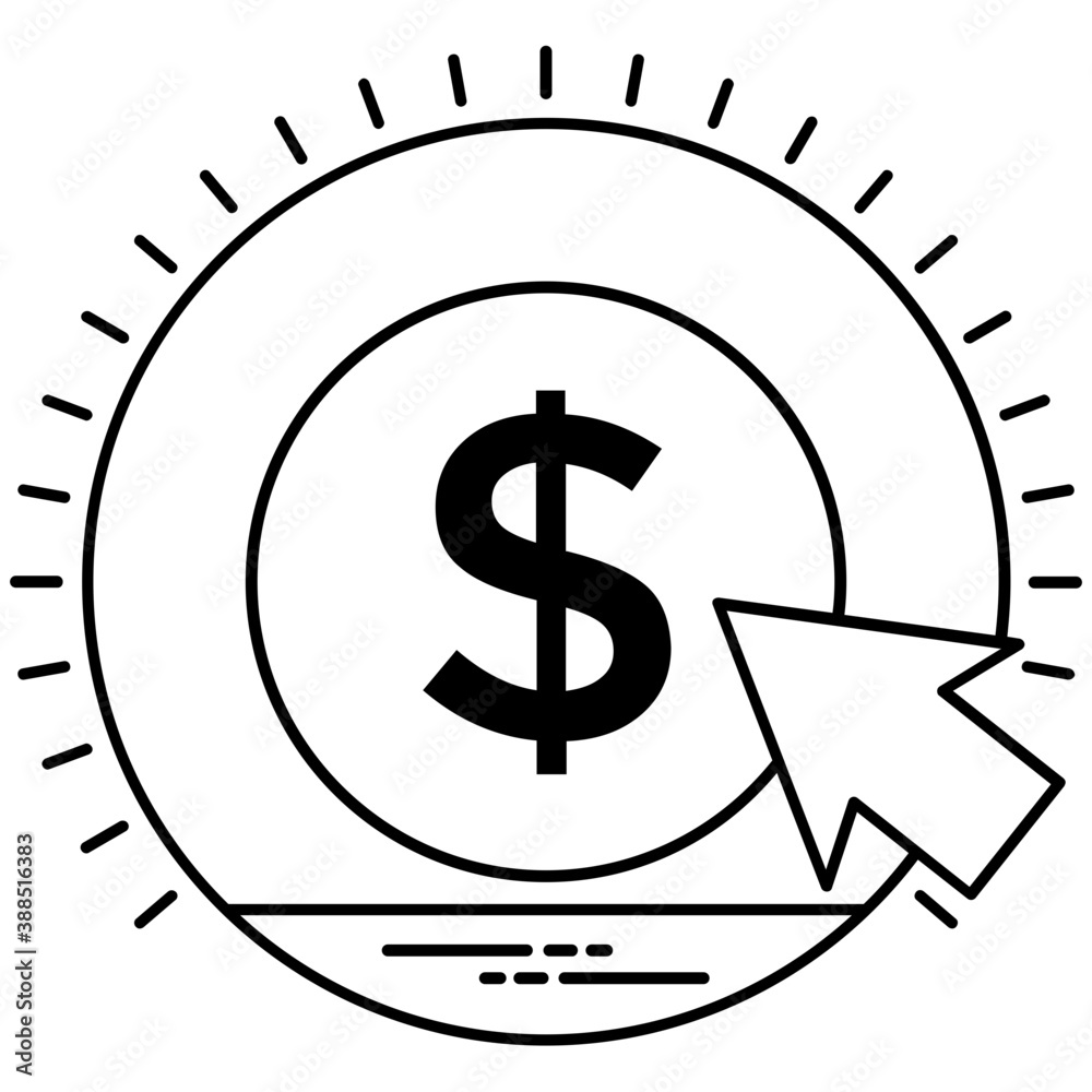 Obraz premium Pay per click concept representation, an arrow click is pointing to encircled dollar symbol. 