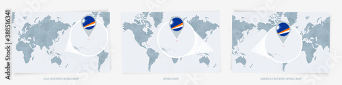Three versions of the World Map with the enlarged map of Marshall Islands with flag.