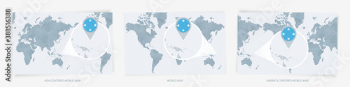 Three versions of the World Map with the enlarged map of Micronesia with flag.
