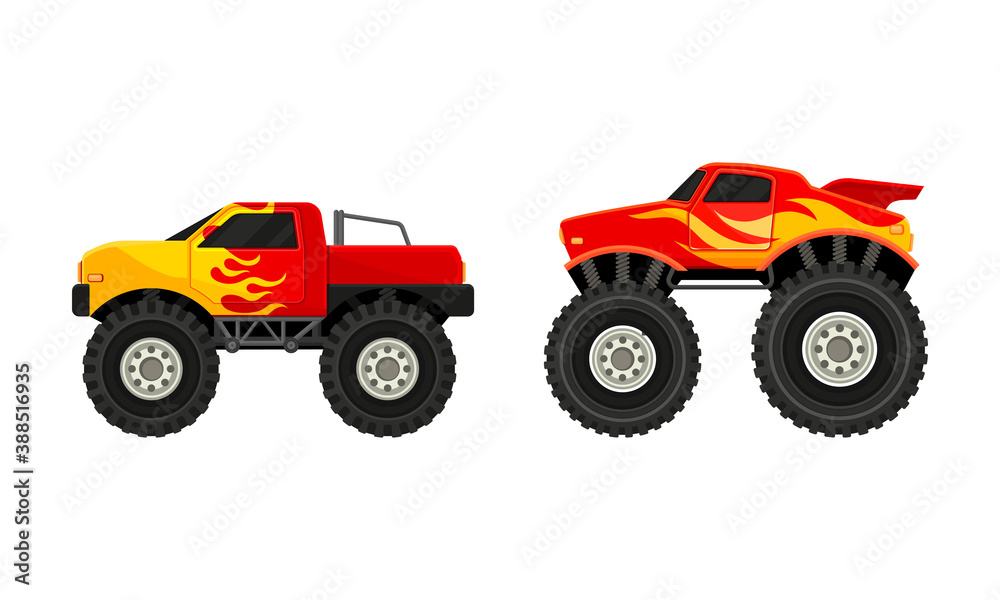 Bright Monster Trucks with Oversized Tires Vector Set Bright Monster Trucks with Oversized Tires Vector Set