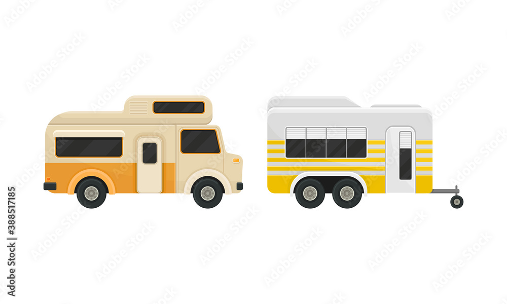Camper Trailer or Caravan as Towed Vehicle with Place for Sleeping Vector Set