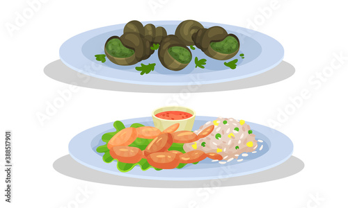 French Cuisine Dishes with Escargot Served on Plate Vector Set