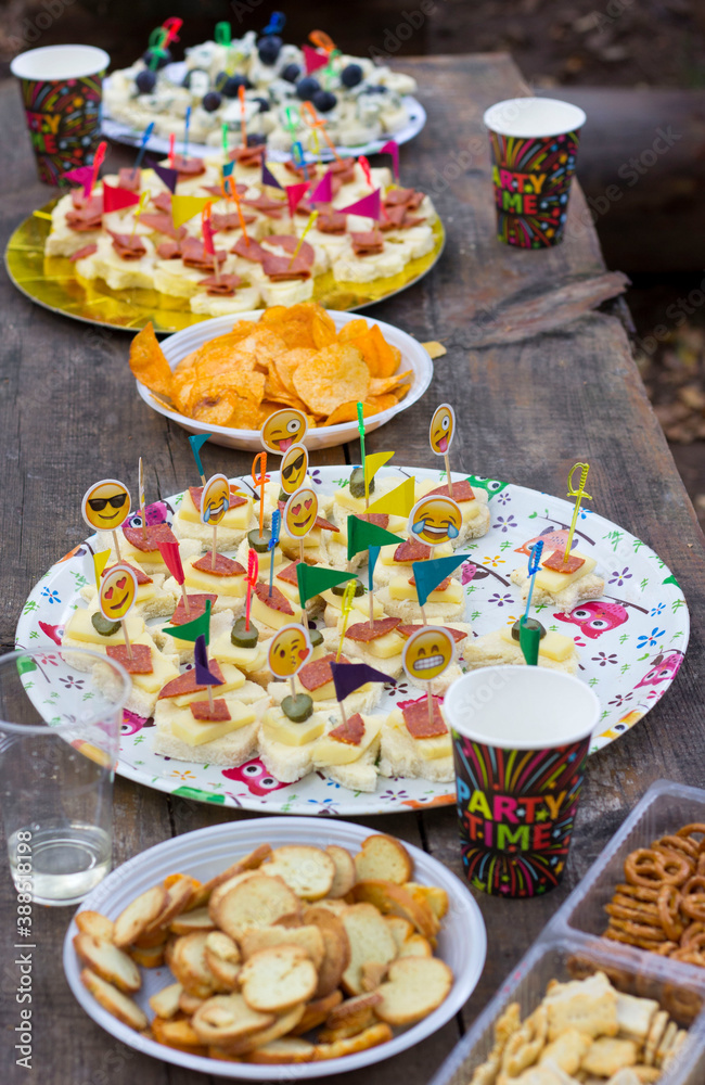Food and drink on wooden table outdoor, picnic, party time