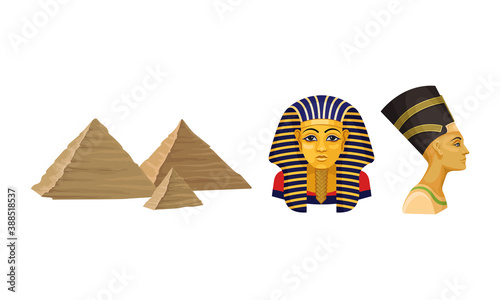 Egypt Attribute with Nefertiti Head and Pyramid Vector Set