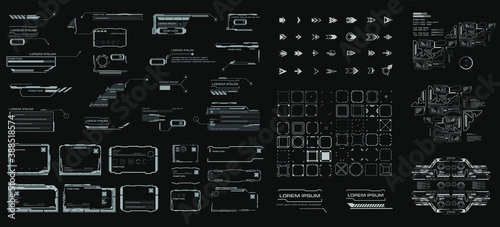 Set digital futuristic HUD elements. Arrows, pointers, callouts, information blocks, squares, headers abstract complex geometric elements for modern user interface or video games
