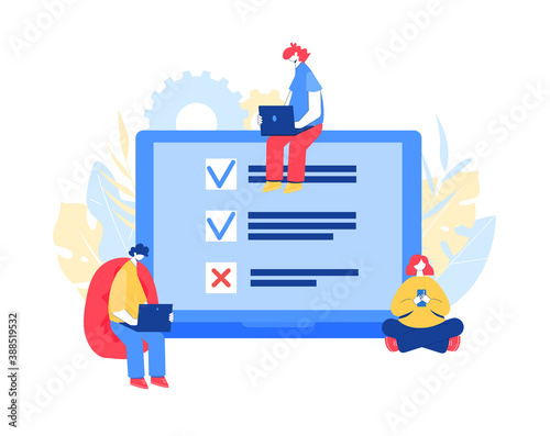 Online survey concept. Man and women going through the survey on the laptop screen.